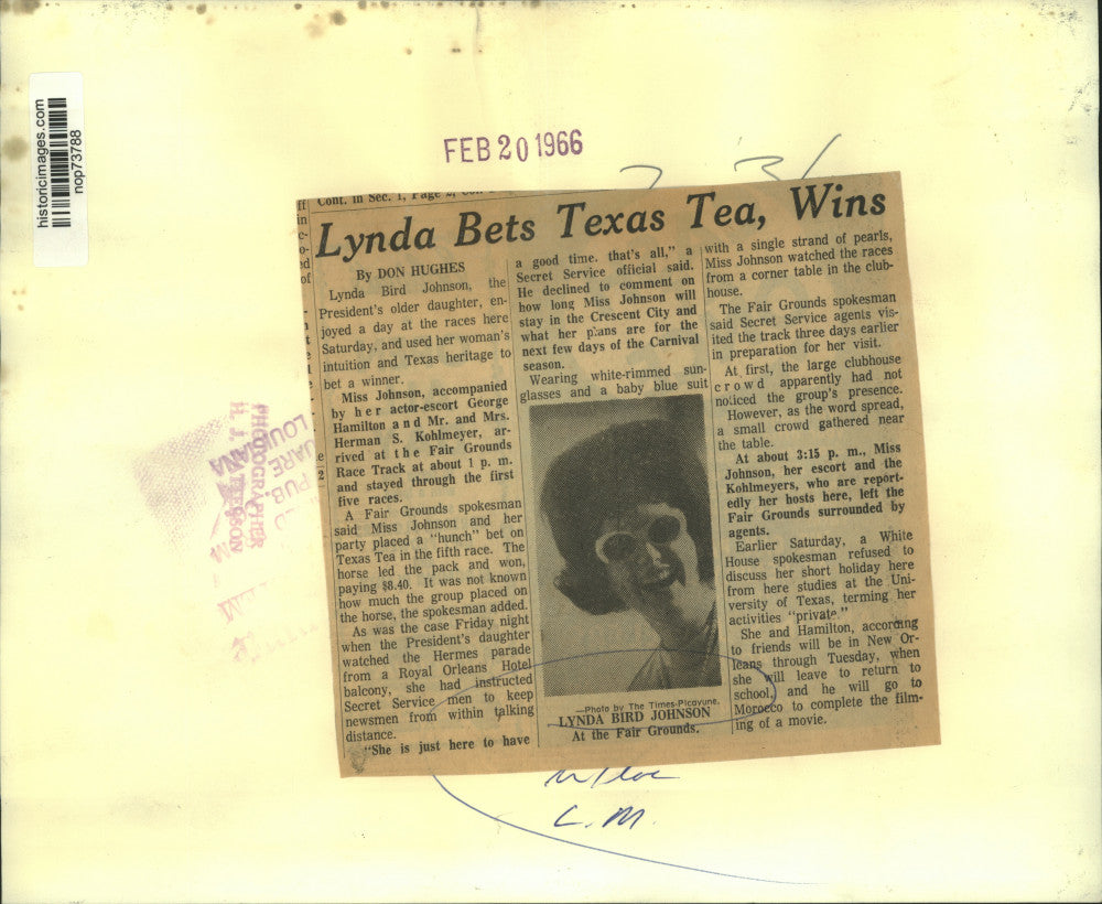 1966 Press Photo Lynda Bird Johnson, the President's older daughter at races