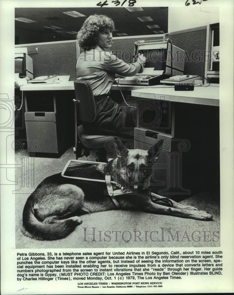 1979 Press Photo Petra Gibbons, Blind telephone sales agent for United Airlines- Historic Images