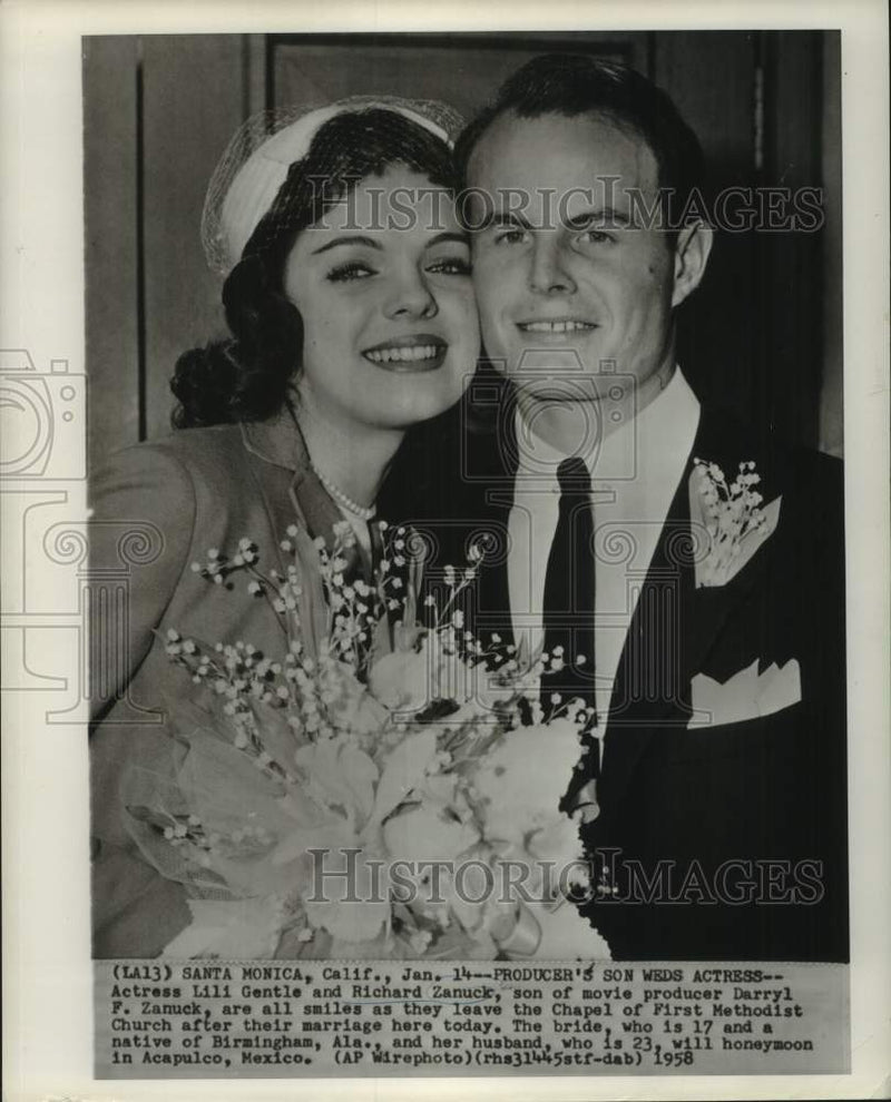 Load image into Gallery viewer, 1958 Press Photo Lili Gentle &amp; Richard Zanuck leaving church after their wedding
