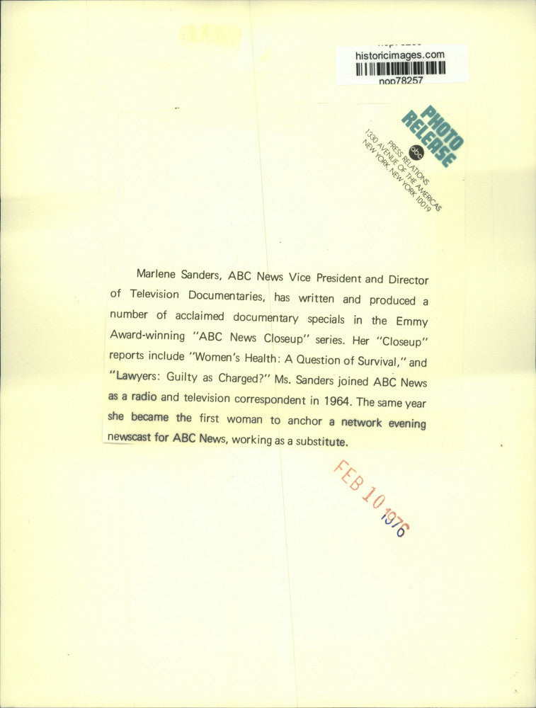 1976 Press Photo Marlene Sanders, ABC News Vice President - nop78257