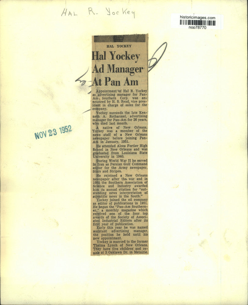 1952 Press Photo Hal R. Yockey, advertising manager for Pan Am Southern Corp.