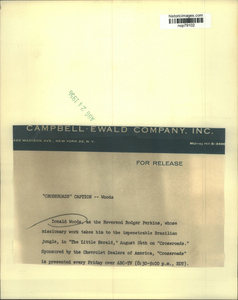 1956 Press Photo Donald Woods, as Reverend Rodger Perkins in "The Little Herald"