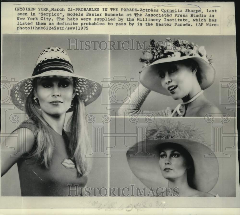 1975 Press Photo Actress Cornelia Sharpe Modelling Easter Bonnets - nop80431- Historic Images