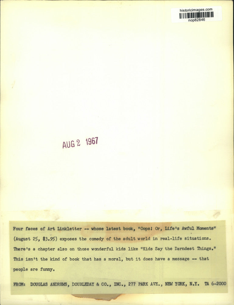 1967 Press Photo Art Linkletter, Author of "Oops! Or, Life's Awful Moments"