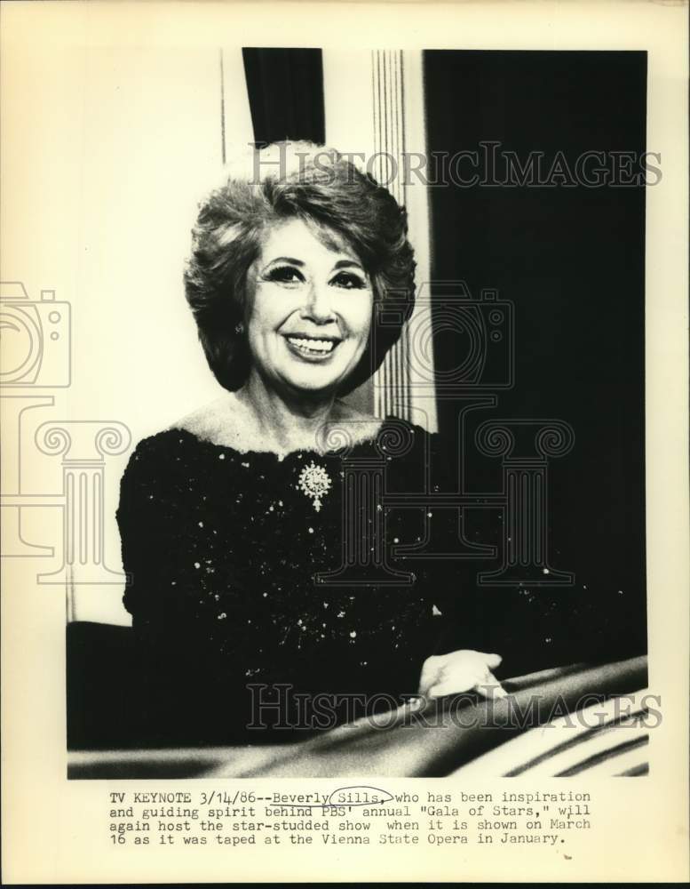 1986 Press Photo Beverly Sills, Host of PBS&#39; &quot;Gala of Stars&quot; - nop86238- Historic Images