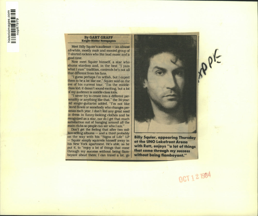 1984 Press Photo Billy Squier, American rock musician and singer - nop87979