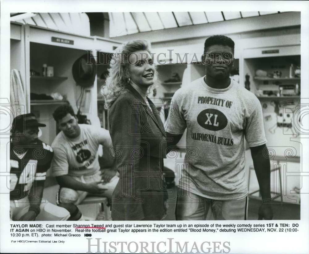 1989 Press Photo Shannon Tweed & Lawrence Taylor on "1st & Ten: Do It Again."