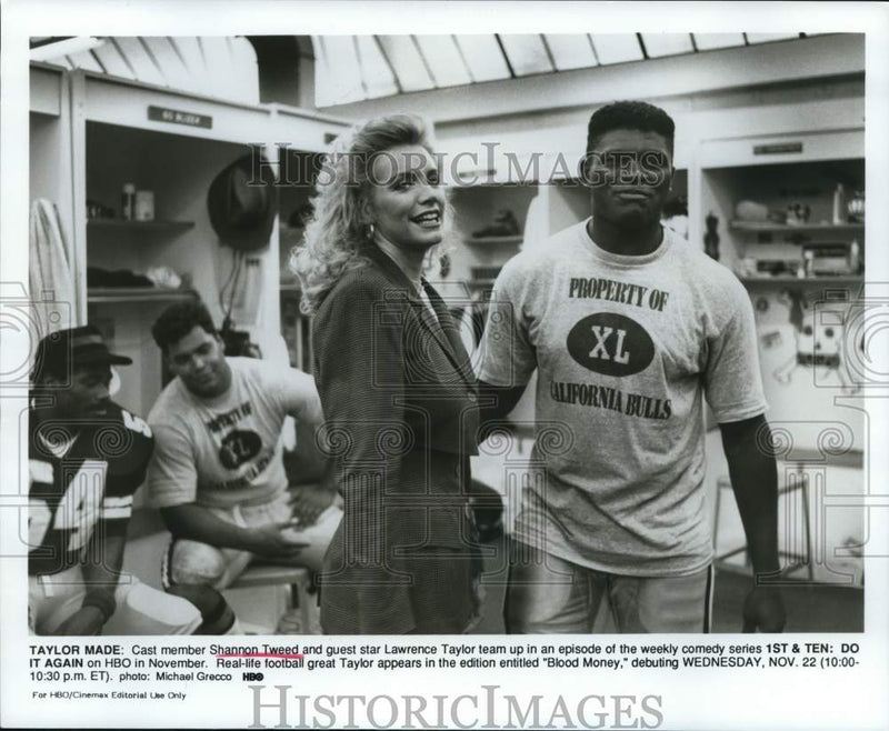 Load image into Gallery viewer, 1989 Press Photo Shannon Tweed &amp; Lawrence Taylor on "1st &amp; Ten: Do It Again."
