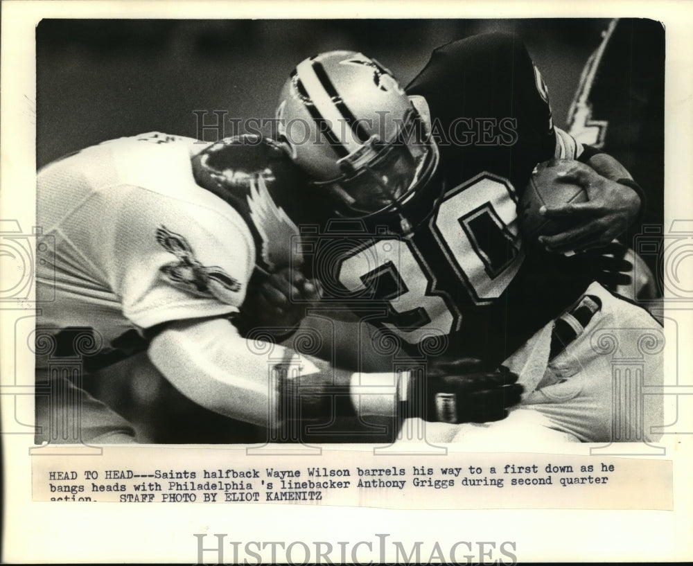 1985 Press Photo New Orleans Saints- Saints HB Wayne Wilson barrels to 1st down.- Historic Images