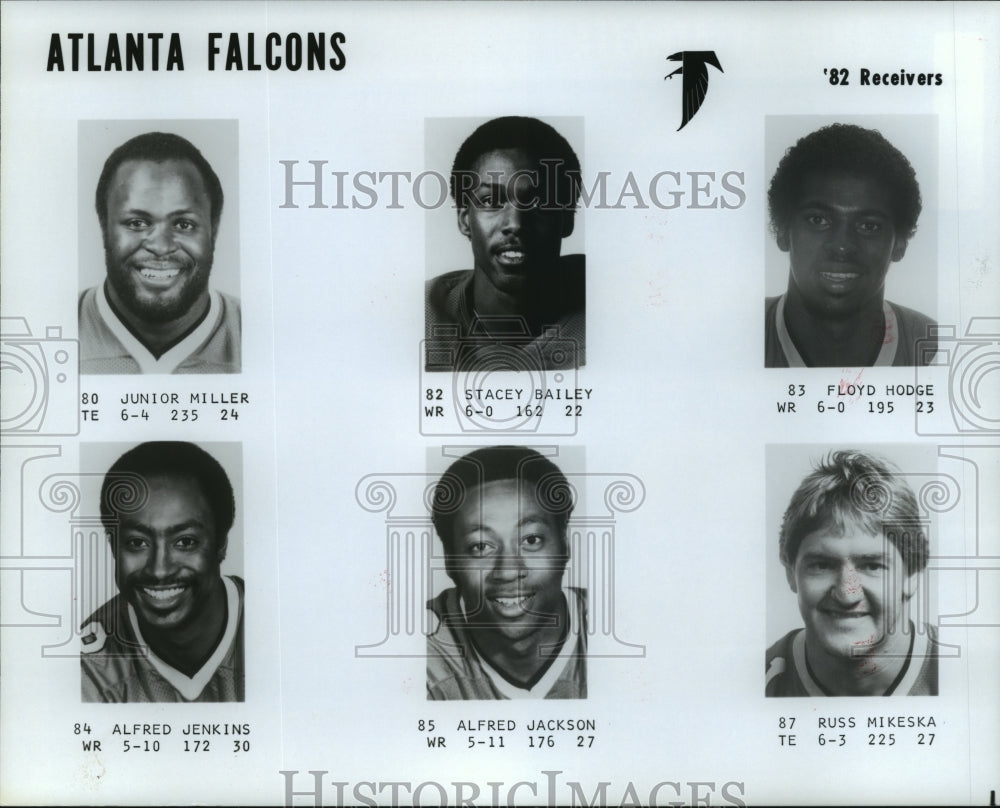 1982 Press Photo Atlanta Falcons - Junior Miller, Stacey Bailey, Other Receivers- Historic Images