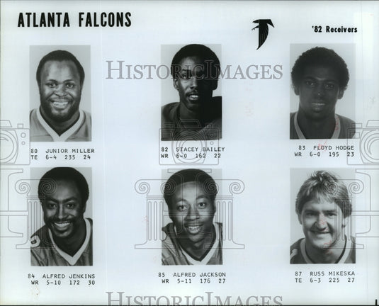 1982 Press Photo Atlanta Falcons - Junior Miller, Stacey Bailey, Other Receivers- Historic Images