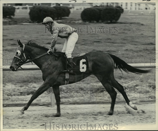 1968 Press Photo Jockey Jack Kurtz takes Junior Achiever through final workout.- Historic Images