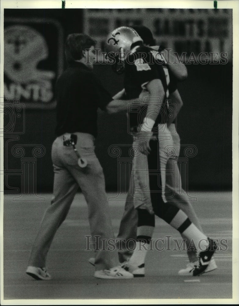 1987 Press Photo Morten Andersen, Saints Football Kicker on the Field- Historic Images