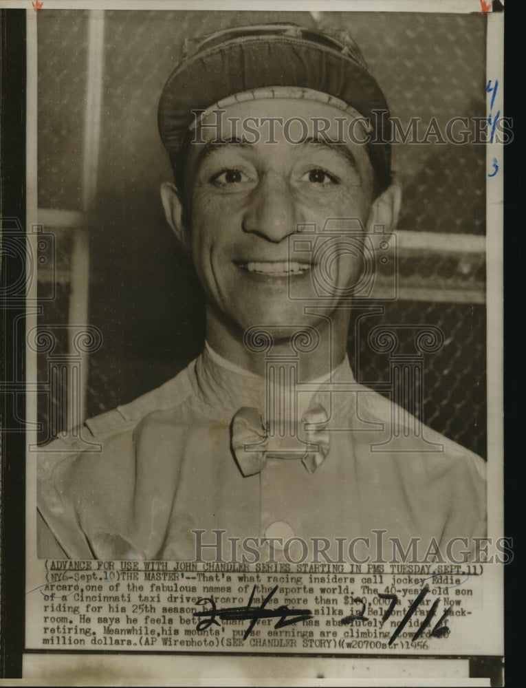 1956 Press Photo Jockey Eddie Arcare at Belmont Race Track - nos02697- Historic Images