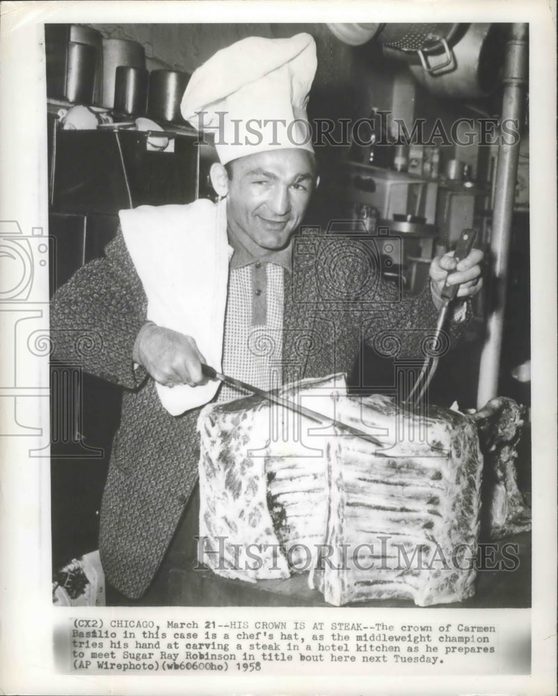 1958 Press Photo Boxing - Carmin Basilio Middleweight Champion Carves Steak- Historic Images