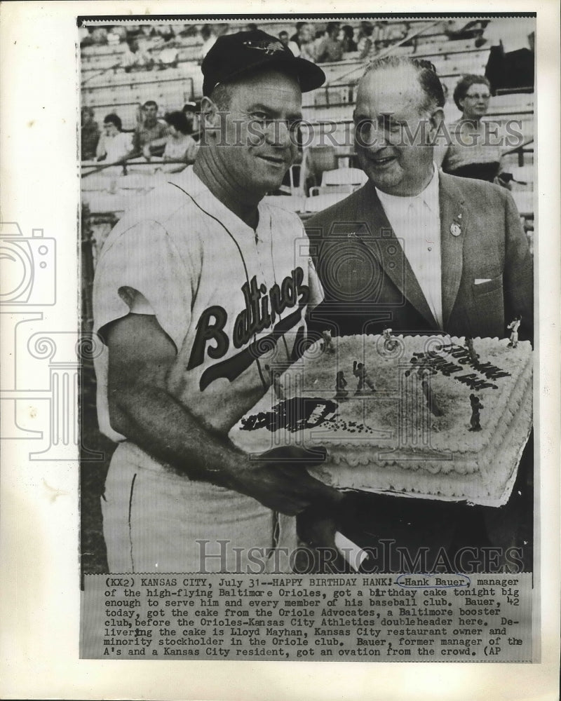 Press Photo Hank Bauer, Baltimore Orioles Manager with Birthday Cake at Stadium- Historic Images