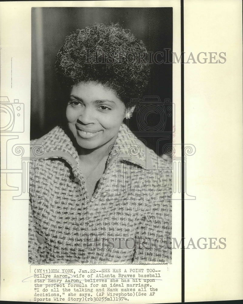 1974 Press Photo Billye Aaron, Wife of Atlanta Braves Baseball Star Henry Aaron- Historic Images