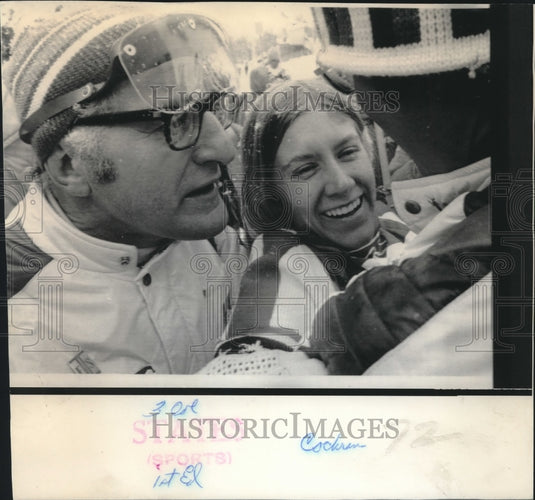 1972 Press Photo USA's Barbara Cochran, hugged by Doc Res Roche after Slalom- Historic Images