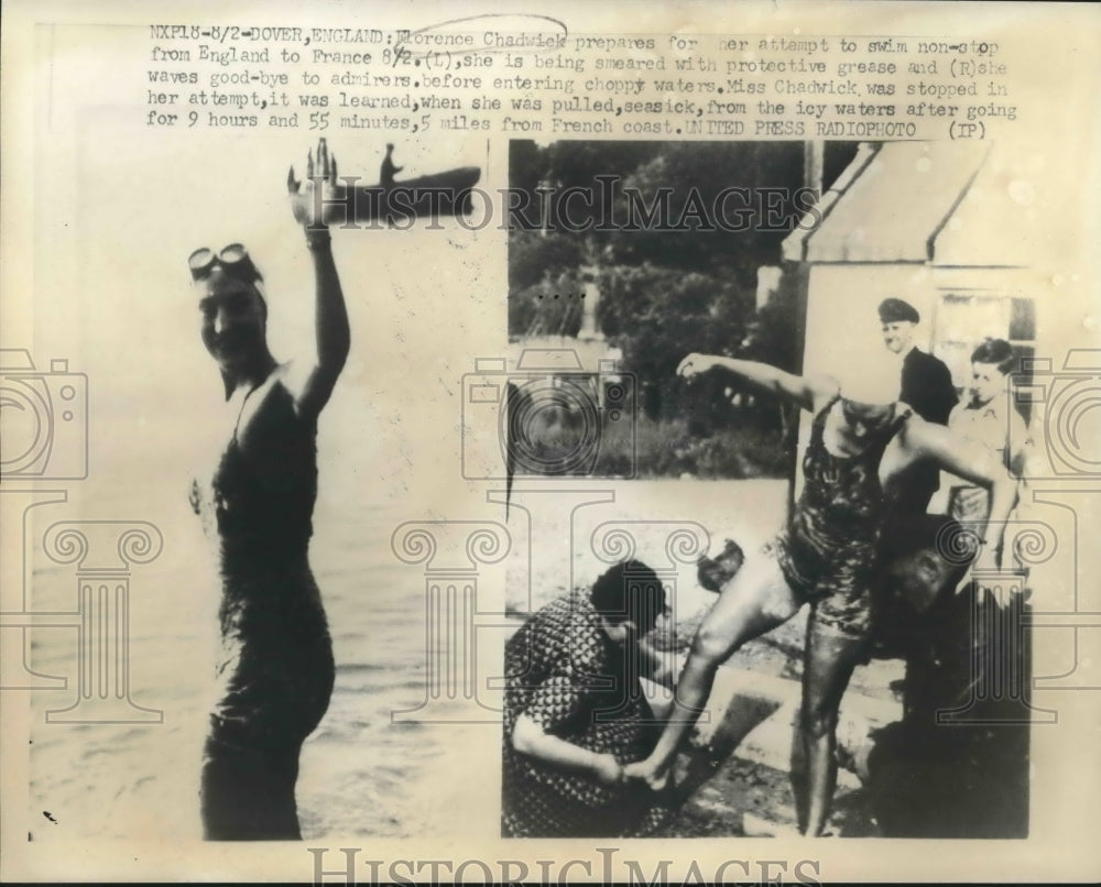 1953 Press Photo Florence Chadwick prepares for her swim non-stop to France- Historic Images