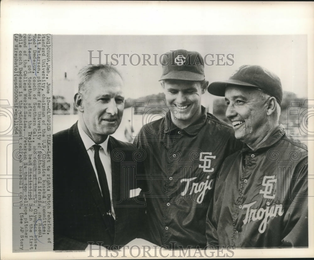 1964 Press Photo Dutch Fehring, Raoul &quot;Rod&quot; Dedeaux, Walt Peterson at Baseball- Historic Images