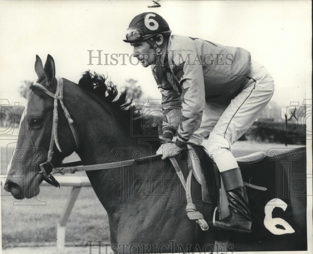 1979 Press Photo Tom Benson&#39;s Si Cima, Jockey Eddie Delahoussaye, returning- Historic Images