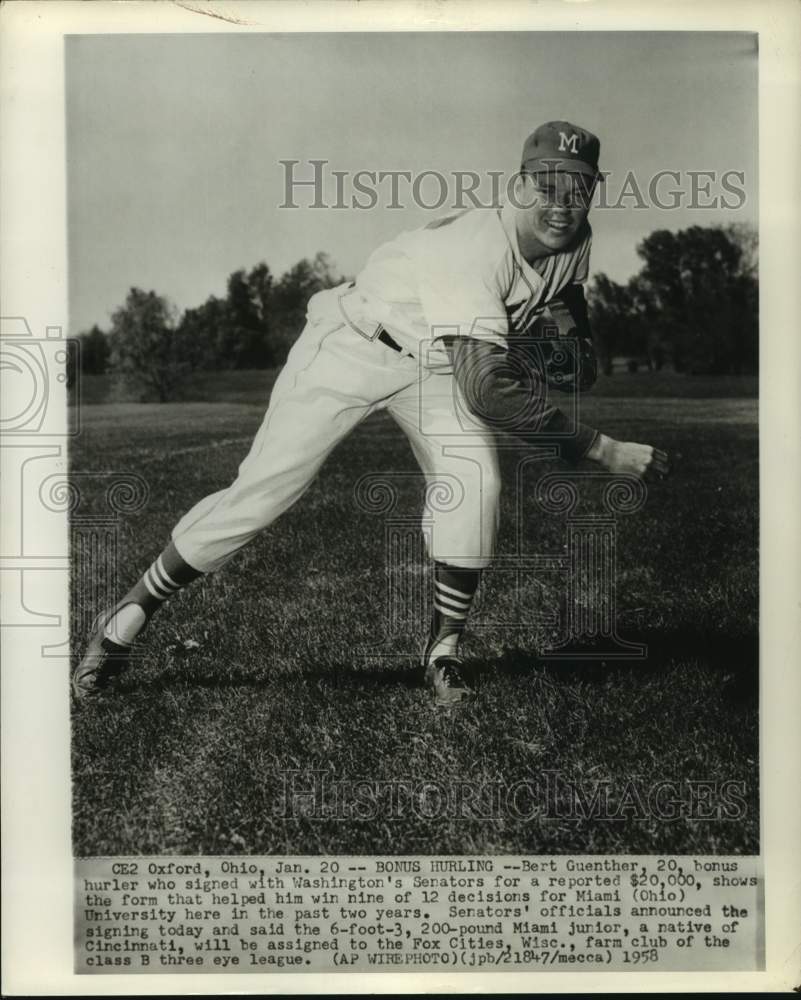 1958 Press Photo Washington Senators baseball pitcher Bert Guenther - nos13052- Historic Images