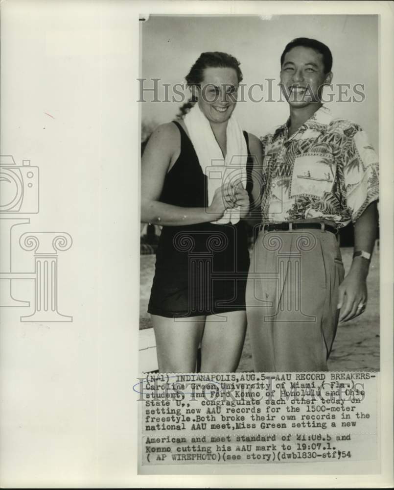 1954 Press Photo AAU record swimmers Caroline Green and Ford Konno - nos13091- Historic Images