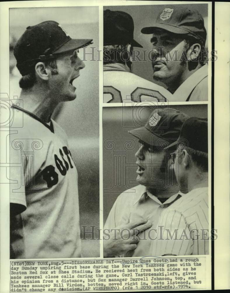 1974 Press Photo Baseball umpire Russ Goetz takes heat from Yankees and Red Sox- Historic Images