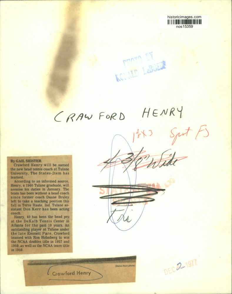 1977 Press Photo New Tulane University tennis coach Crawford Henry - nos15359