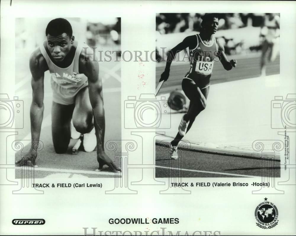 1986 Press Photo Goodwill Games track athletes Carl Lewis, Valerie Brisco-Hooks- Historic Images