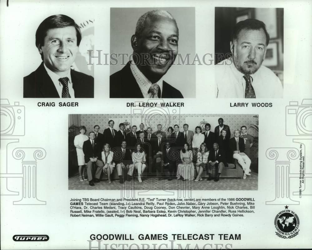 1986 Press Photo Craig Sager, Leroy Walker and Larry Woods, Goodwill Games TV- Historic Images