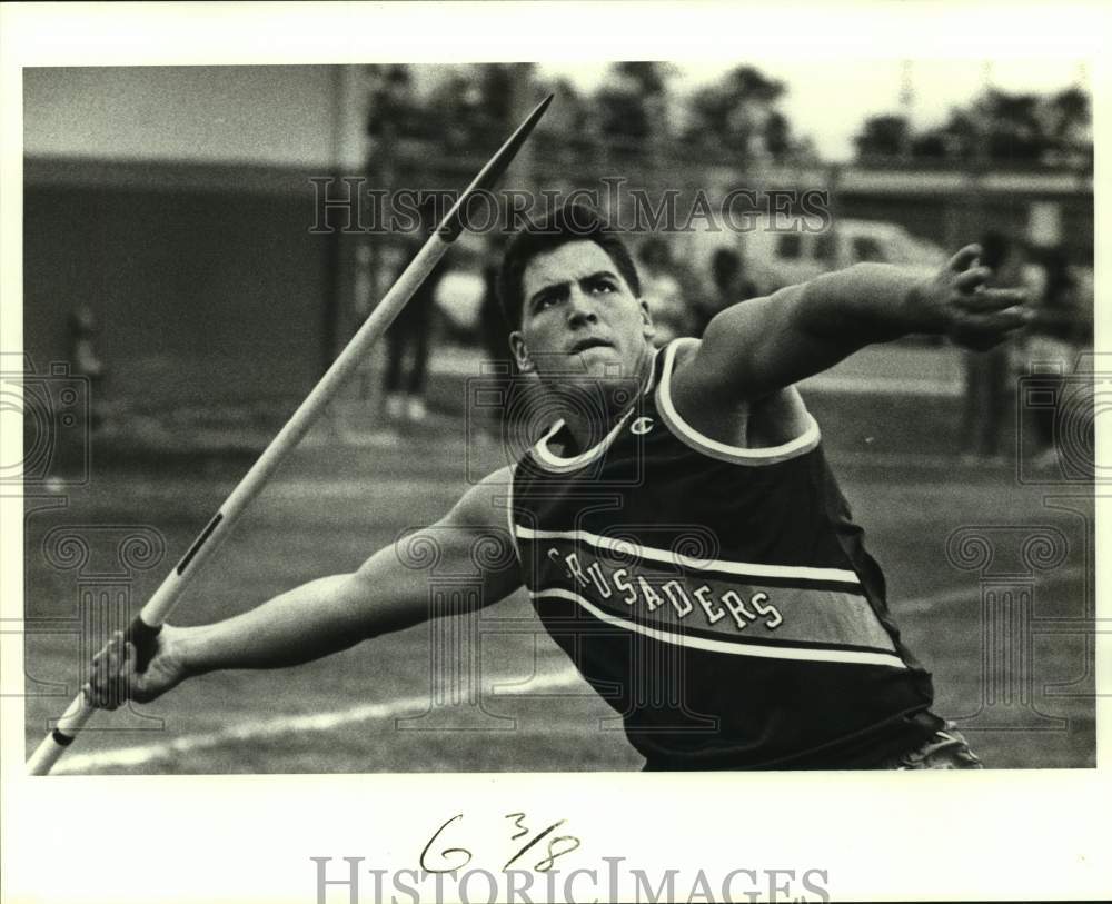 1988 Press Photo Brother Martin High javelin thrower Jeff Huth - nos16975- Historic Images