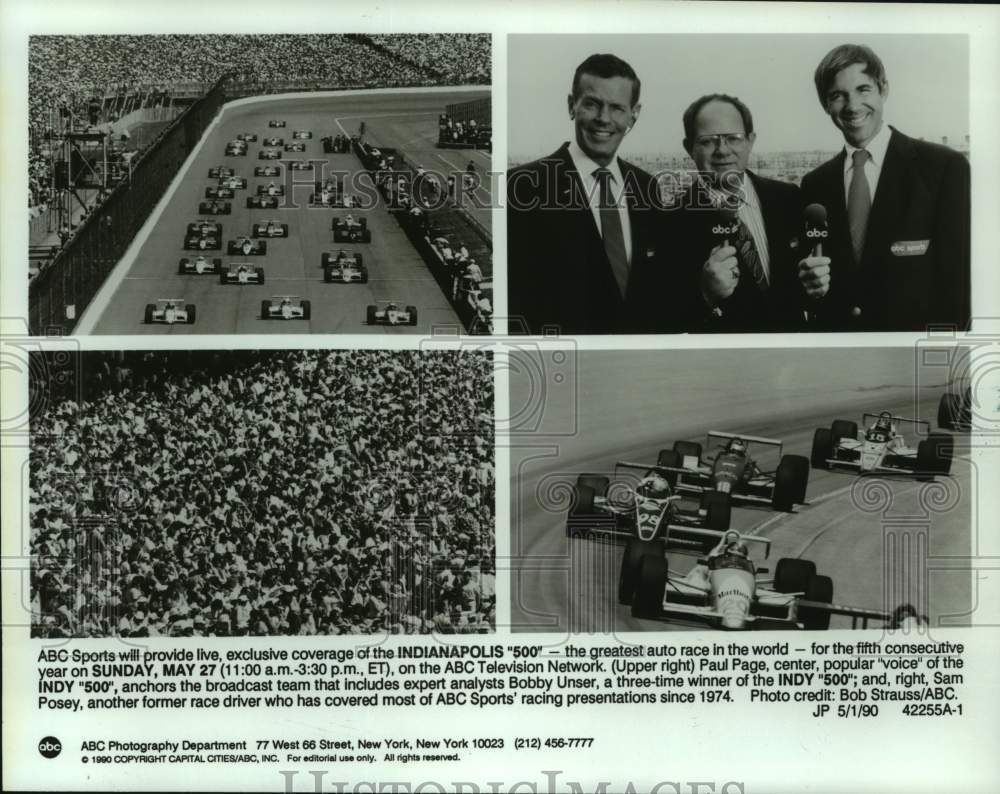 1990 Press Photo Indy 500 broadcasters Paul Page, Bobby Unser and Sam Posey- Historic Images