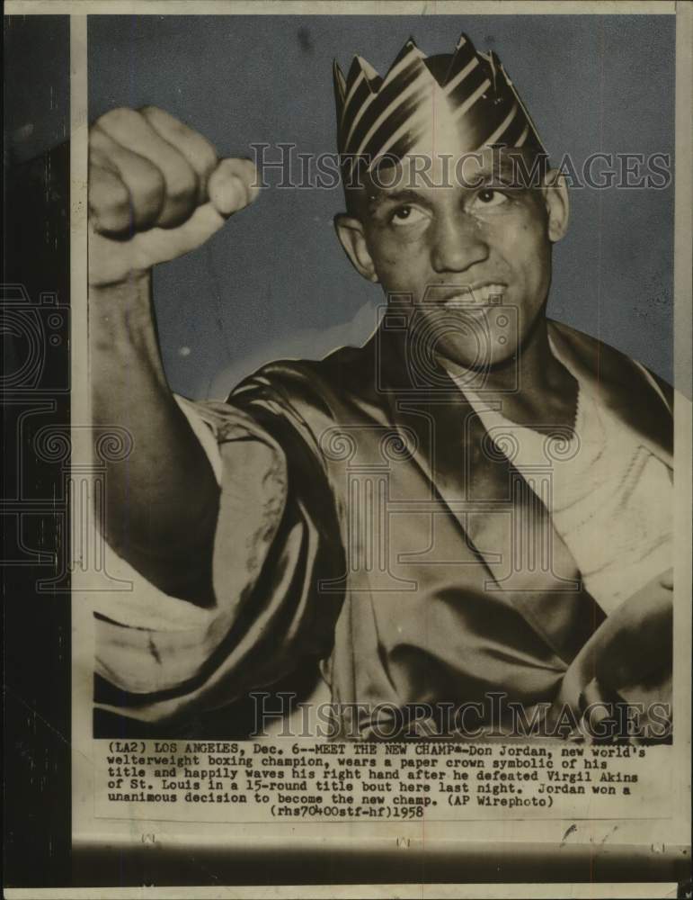 1958 Press Photo Welterweight Boxing Champion Don Jordan - nos18138- Historic Images