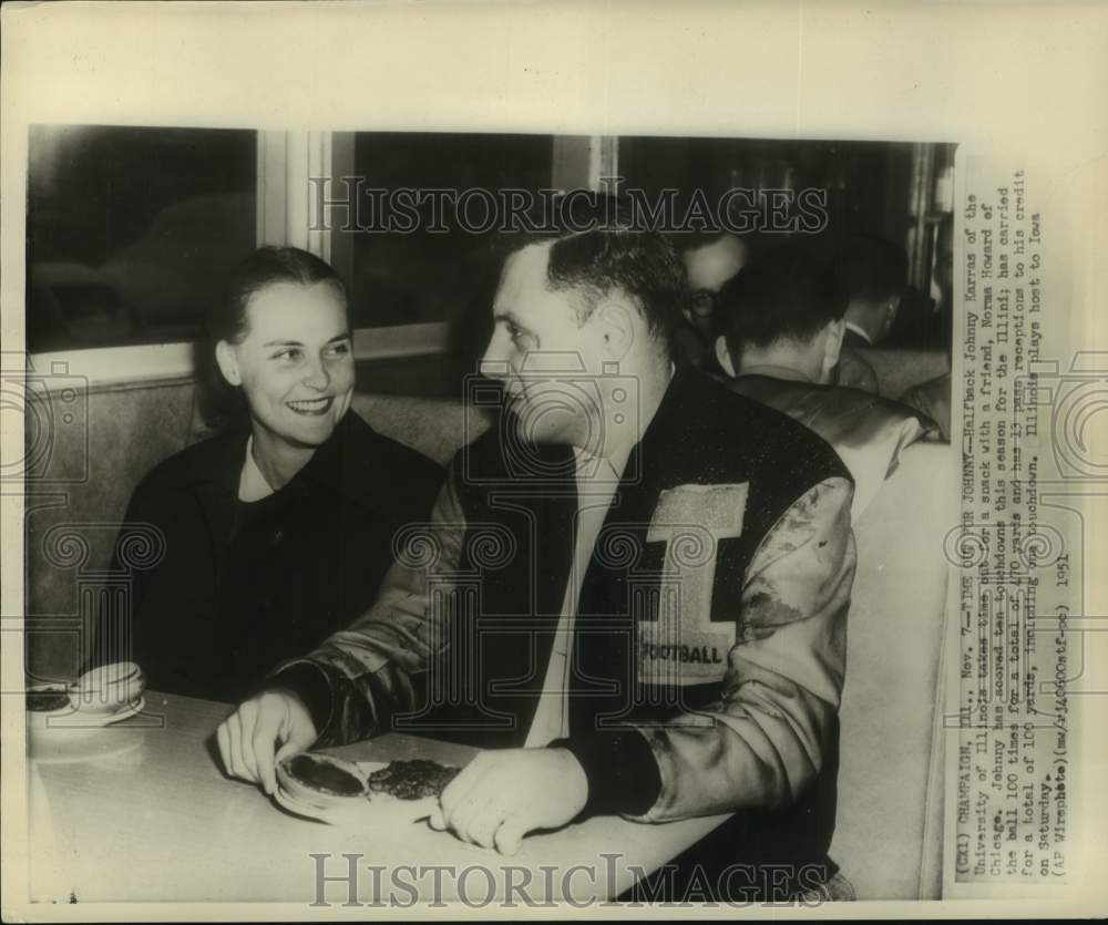 1951 Press Photo Illinois college football player Johnny Karras and Norma Howard- Historic Images