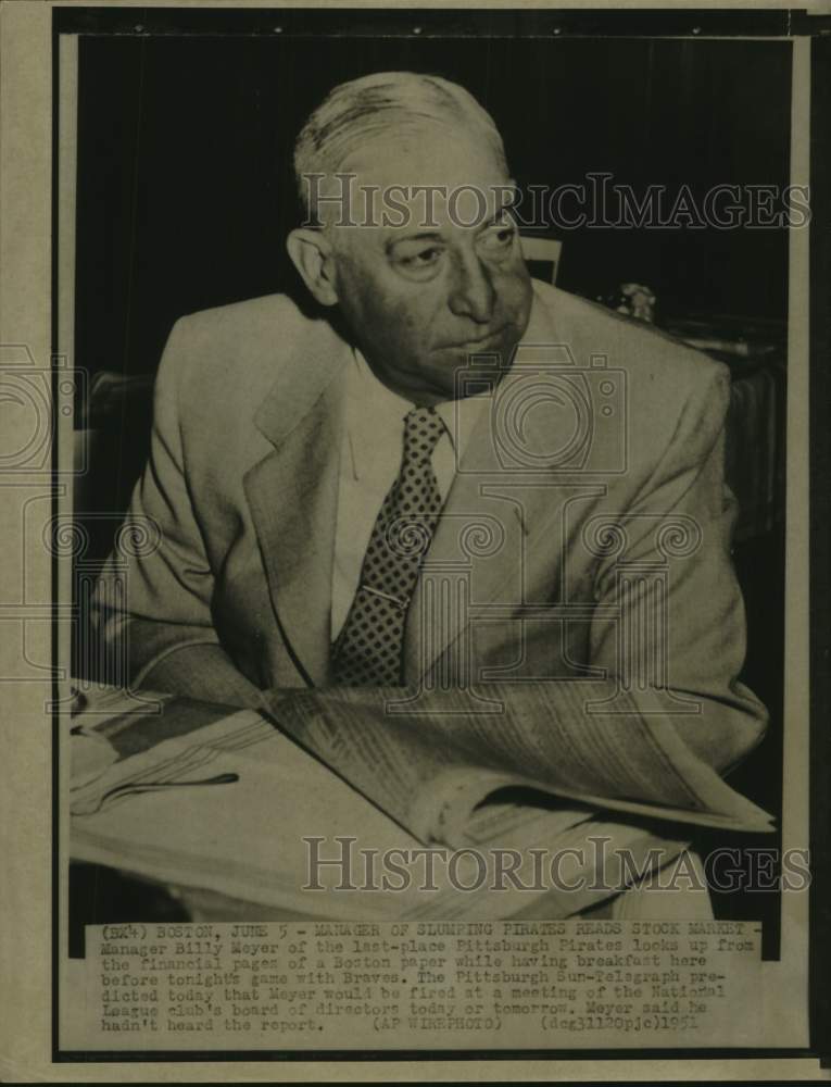 1951 Press Photo Pittsburgh Pirates baseball manager Billy Meyer reads newspaper- Historic Images