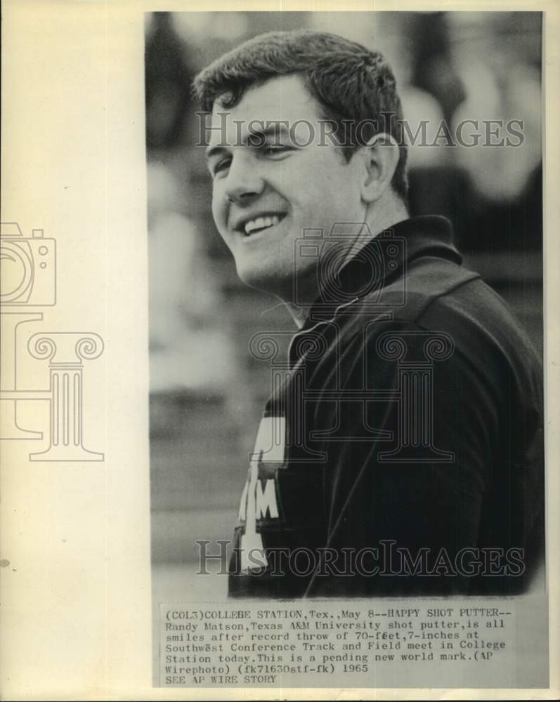 1965 Press Photo Texas A&amp;M shot putter Randy Matson at Southwest Conference meet- Historic Images