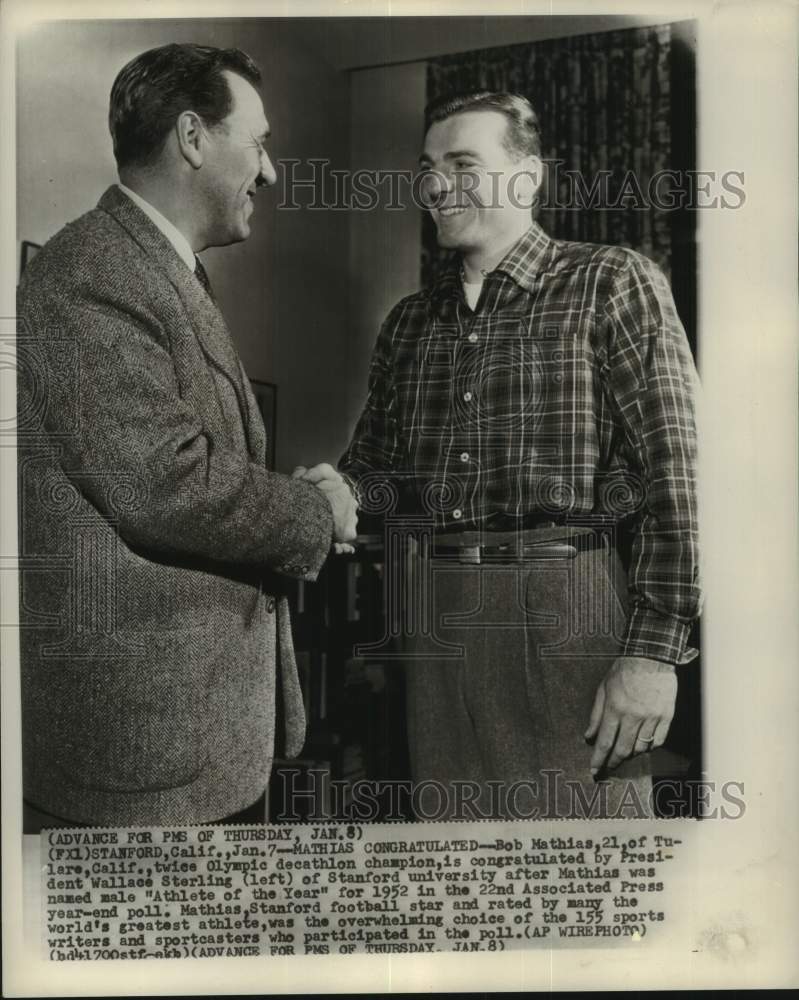 1953 Press Photo Olympic champ Bob Mathias, Stanford president Wallace Sterling- Historic Images