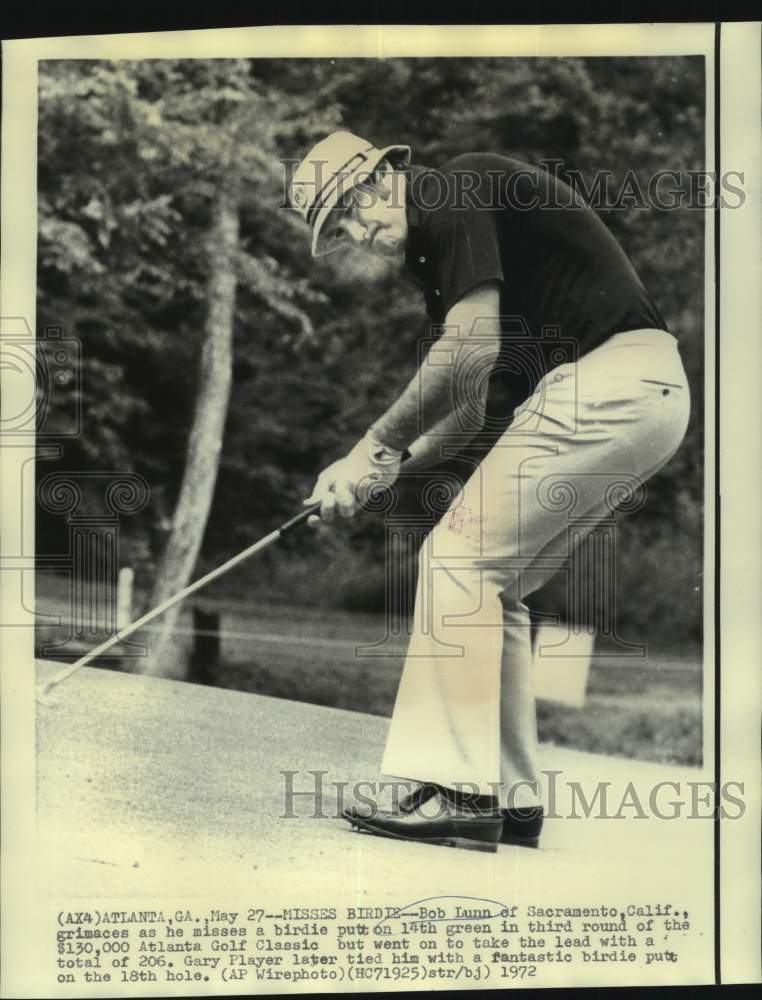 1972 Press Photo Golf - Bob Lunn Misses Birdie Putt at Atlanta Golf Classic- Historic Images