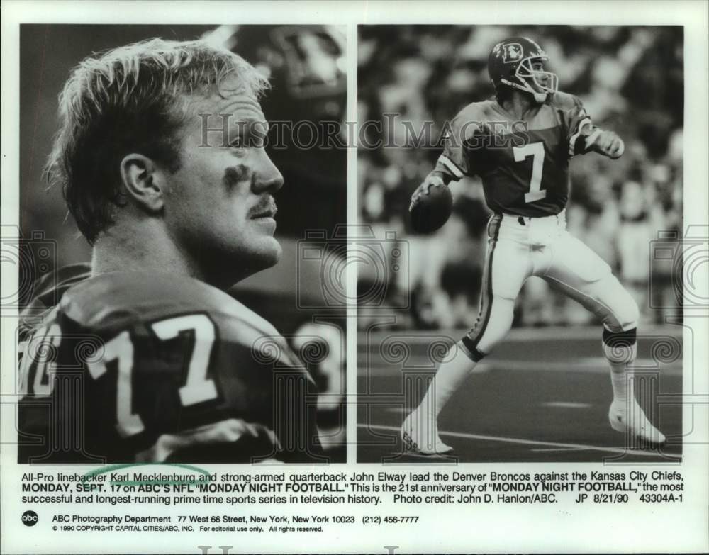 1990 Press Photo Denver Broncos John Elway &amp; Karl Mecklenburg - nos22926- Historic Images