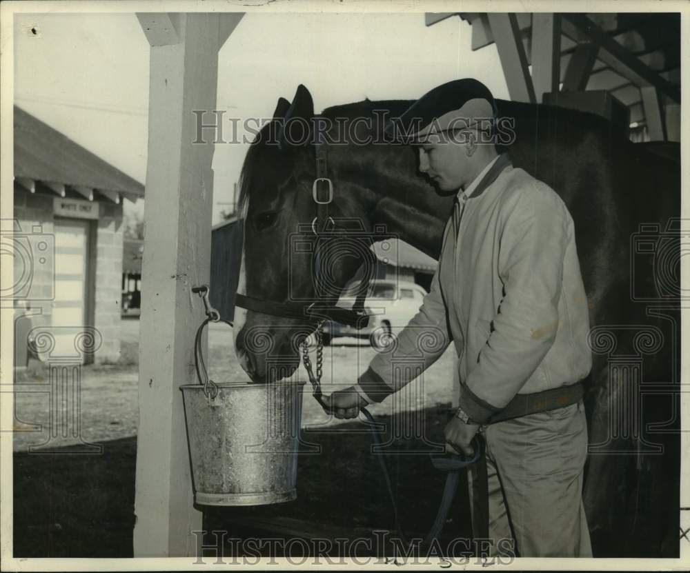 Press Photo Jockey Clarence Meaux holds reigns of horse as it eats from bucket- Historic Images