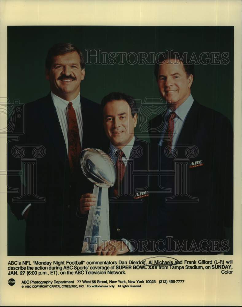 1990 Press Photo ABC's NFL "Monday Night Football" commentators pose with trophy- Historic Images