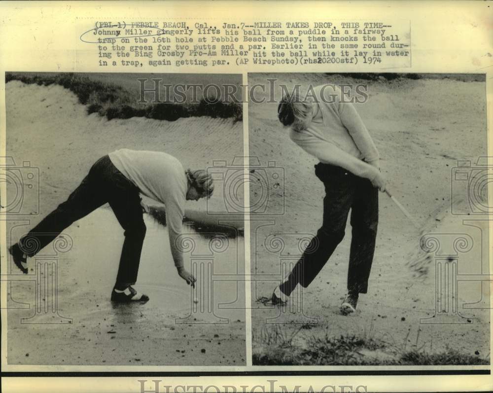 1974 Press Photo Golfer Johnny Miller lifts his ball from puddle and then hits- Historic Images