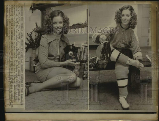 1974 Press Photo 2 photos of Patty Lynch, at home & getting ready for hockey- Historic Images