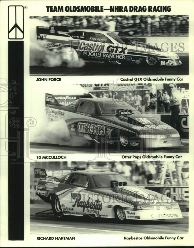 1984 Press Photo Three Promo photos of Team Oldsmobile - NHRA Drag Racing cars- Historic Images