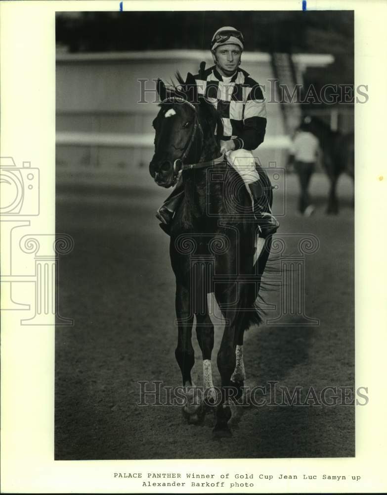 1986 Press Photo Racehorse Palace Panther and jockey Luc Samyn - nos24813- Historic Images