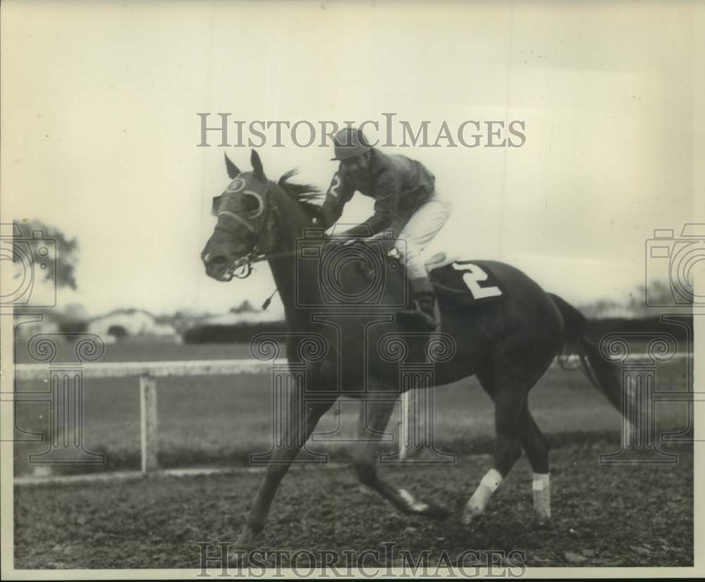 Press Photo Race horse Tombre with jockey Donald Holmes up runs on the track- Historic Images