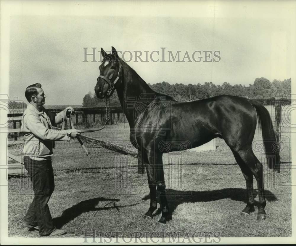 1976 Press Photo Man holds reigns to race horse Ramirez out in a fenced field- Historic Images