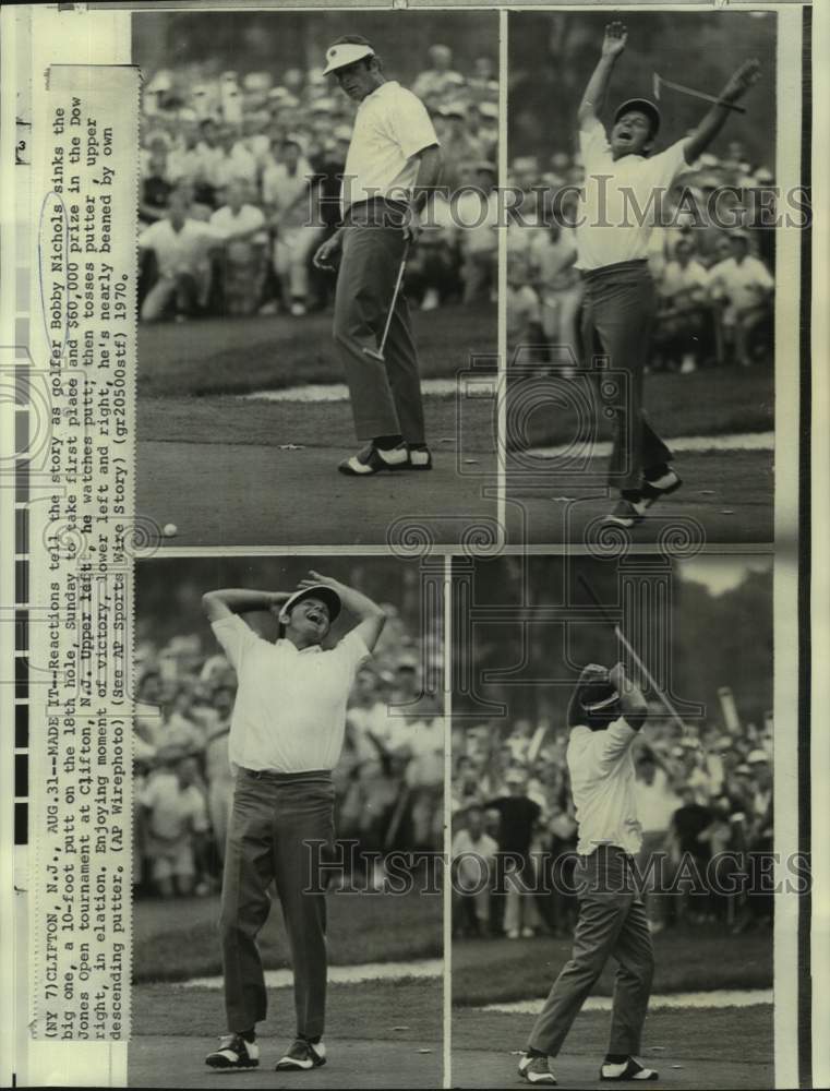 1970 Press Photo 4 photos of golfer Bobby Nichols reacting to making putt in NJ- Historic Images