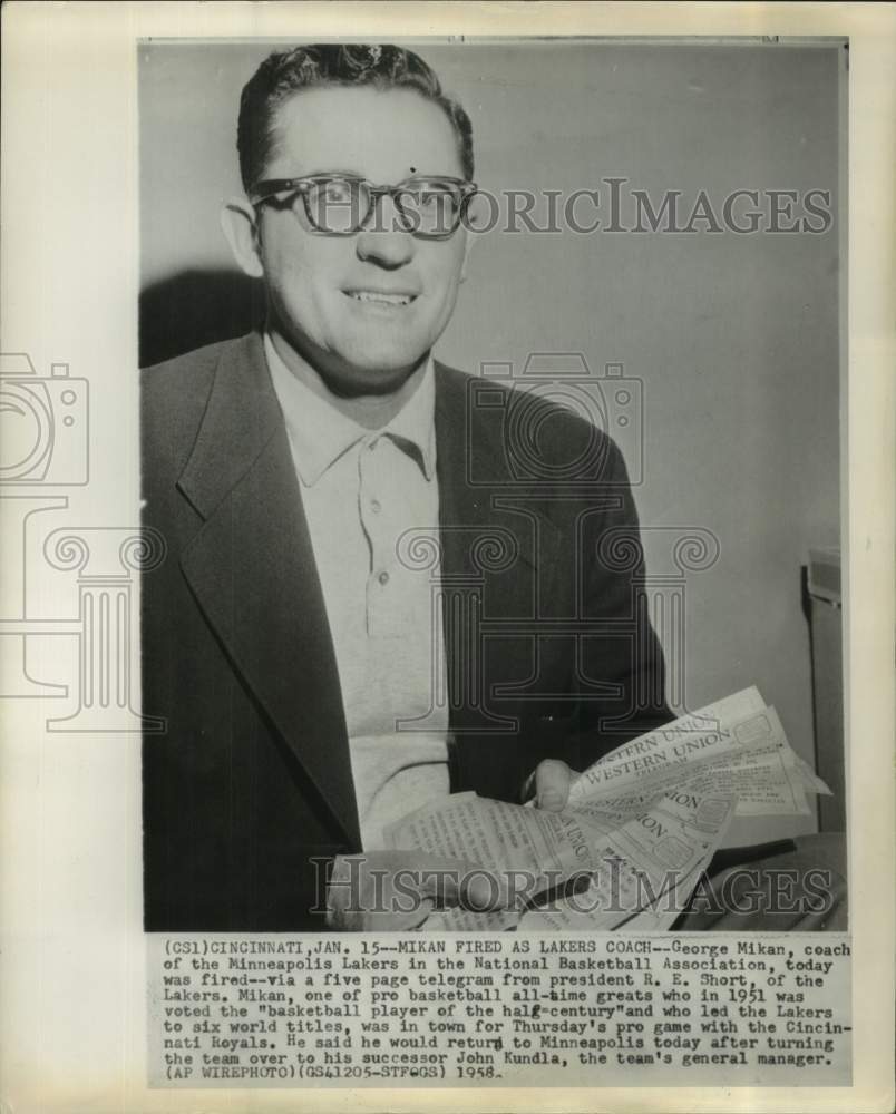 1958 Press Photo Former Minneapolis Lakers basketball George Mikan- Historic Images